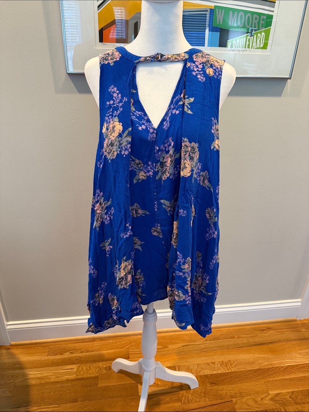 Free People Cobalt Blue Floral Sleeveless Keyhole Mini Dress